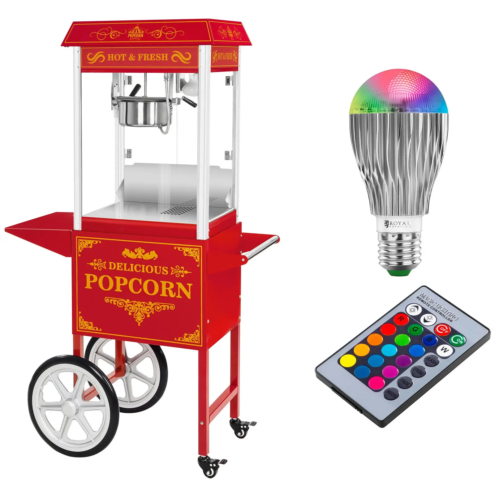 Popcornmaschine mit Wagen und LED-Beleuchtung - Retro-Design - rot