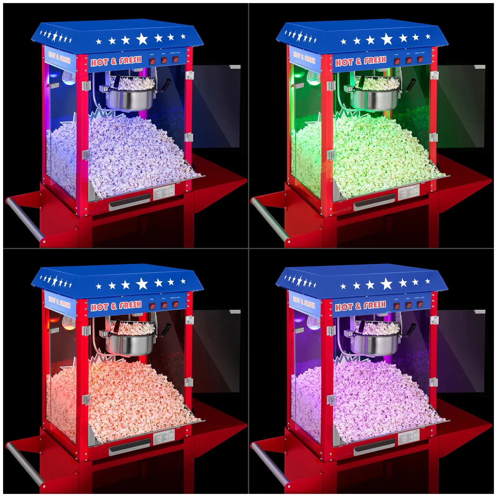 Popcornmaschine mit Wagen und LED-Beleuchtung - USA-Design - rot