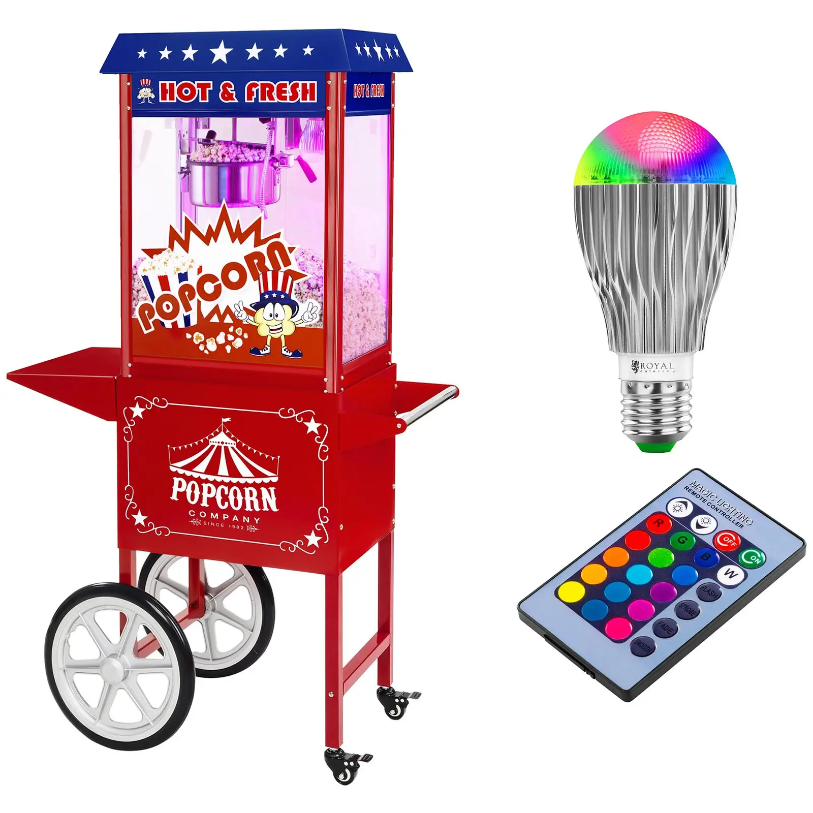 Popcornmaschine mit Wagen und LED-Beleuchtung - USA-Design - rot