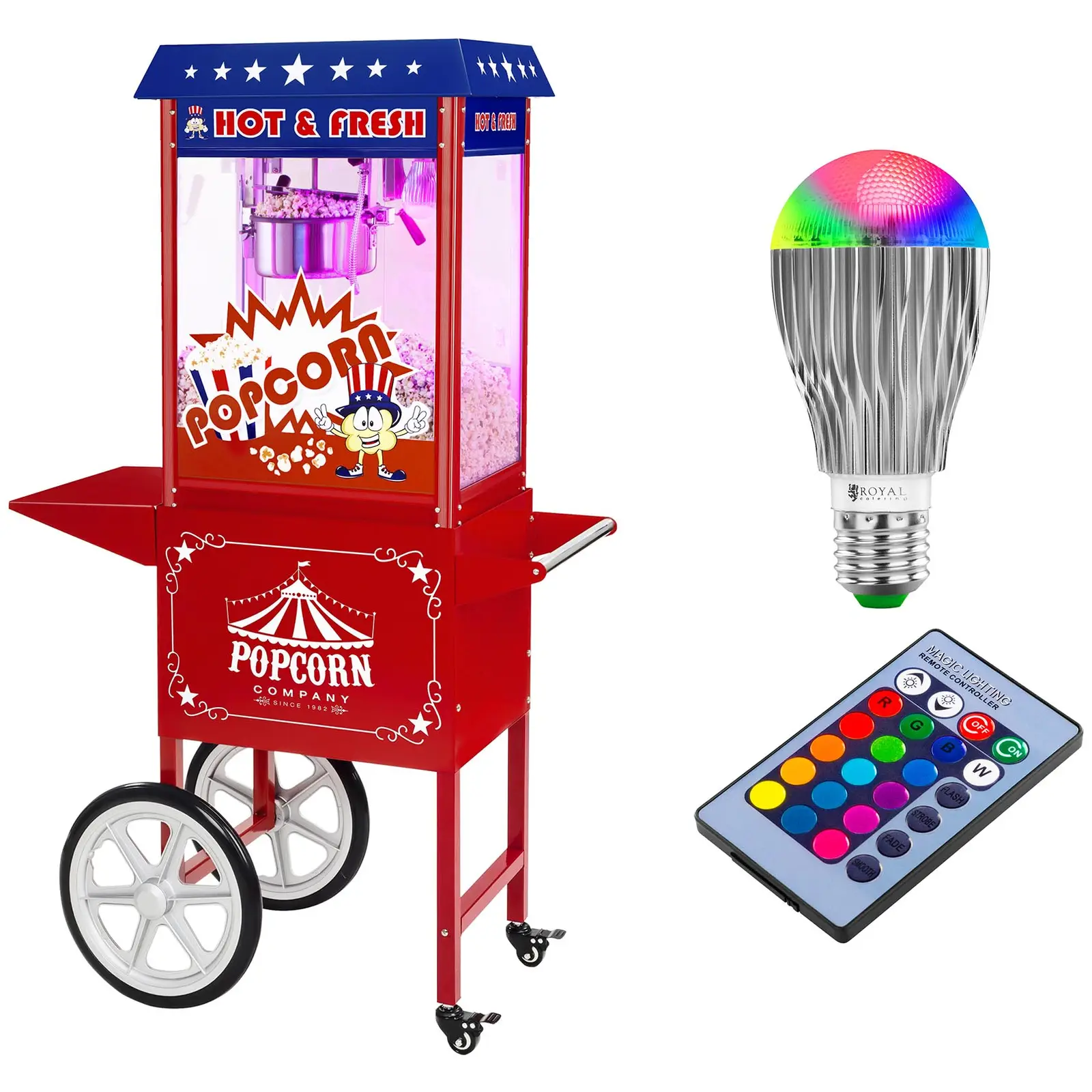 Popcornmaskin med vagn och LED-belysning - USA-design - röd