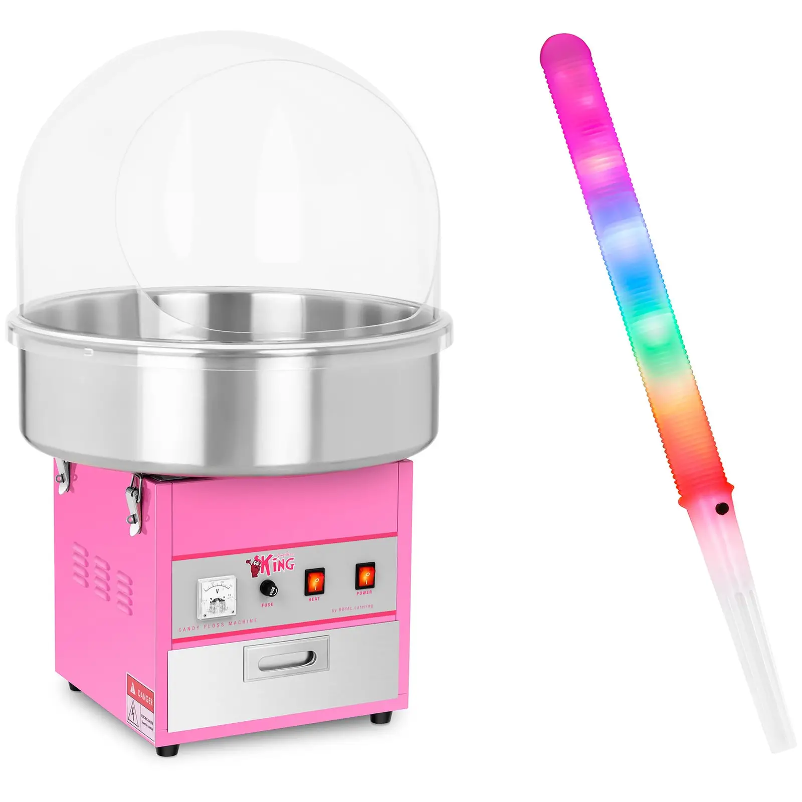 Candy Floss Machine Set with LED Cotton Candy Sticks - 52 cm - 1,200 W - Sneeze guard - 50 pcs.