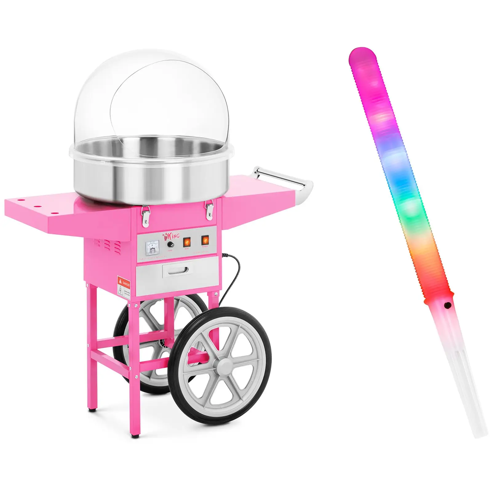 Candyfloss-maskine - sæt inkl. 100 stk. candyfloss-pinde LED og beskyttelseskuppel 52 cm - 1.200 W