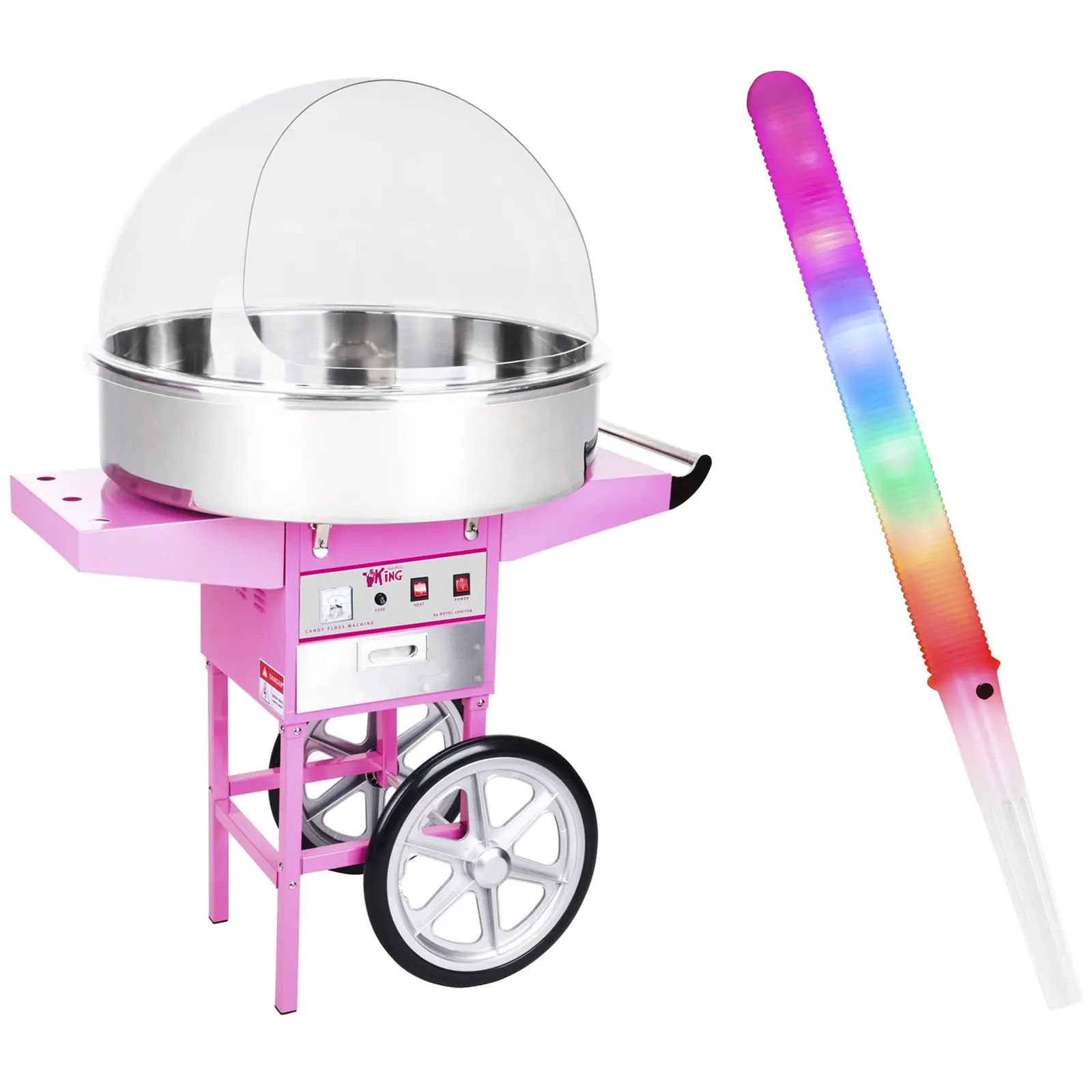 Suikerspinmachine met suikerspin LED sticks - 72 cm - 1.200 W - 100 stuks - onderstel - spatbescherming