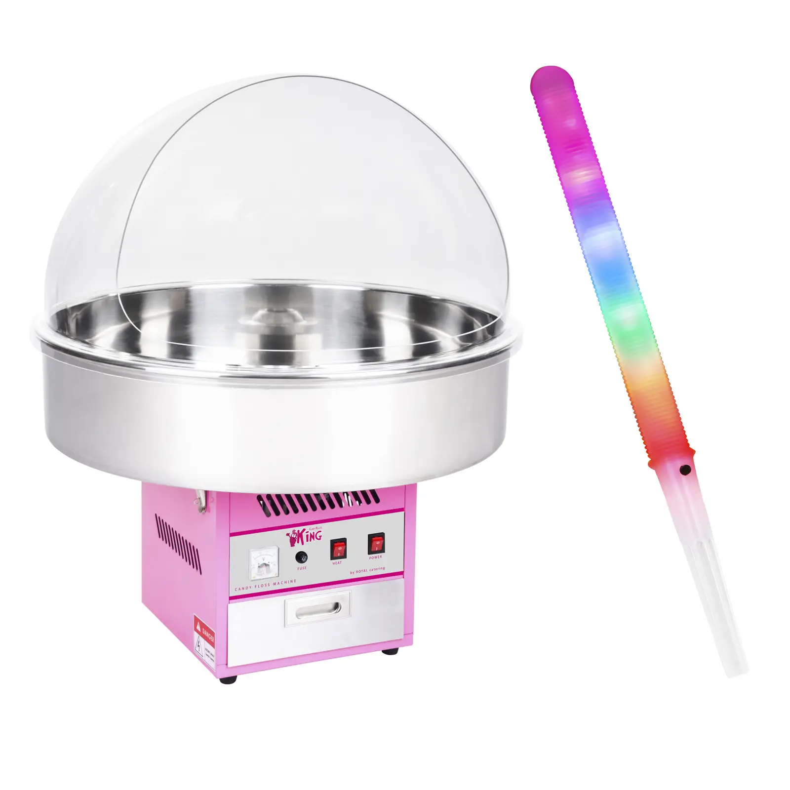 Zuckerwattemaschine Set mit Zuckerwattestäbchen LED - 72 cm - 1.200 W - Spuckschutz - 50 Stk.