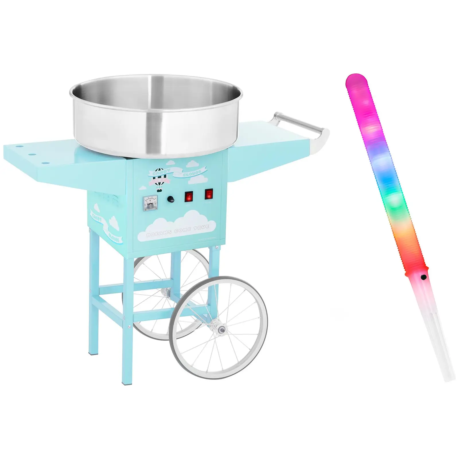 Candy Floss Machine Set with LED Cotton Candy Sticks and Cart - 52 cm - 1,200 watts - turquoise