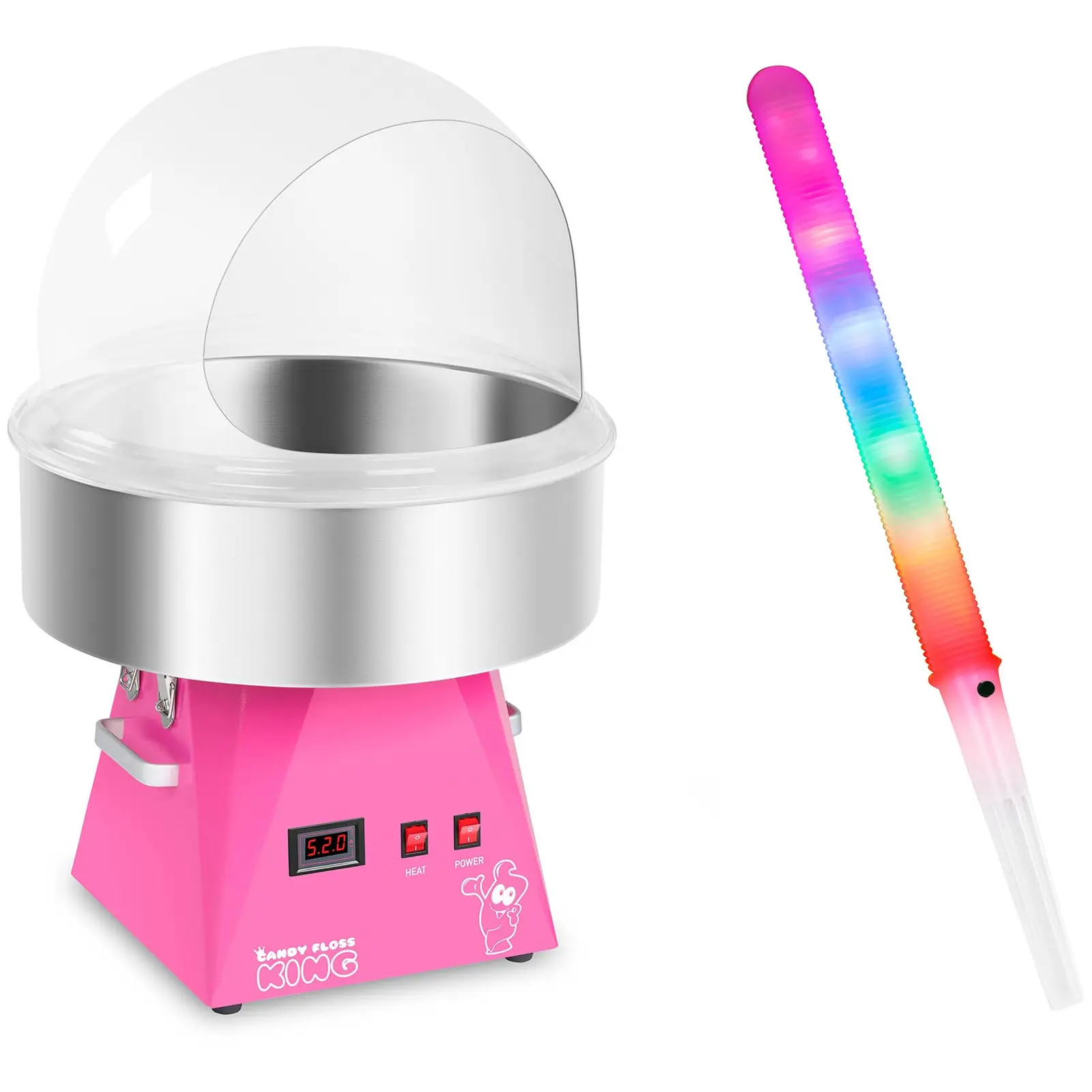 Candyfloss-maskine - sæt inkl. candyfloss-pinde LED og beskyttelseskuppel - 52 cm - 1.030 W - lyserød