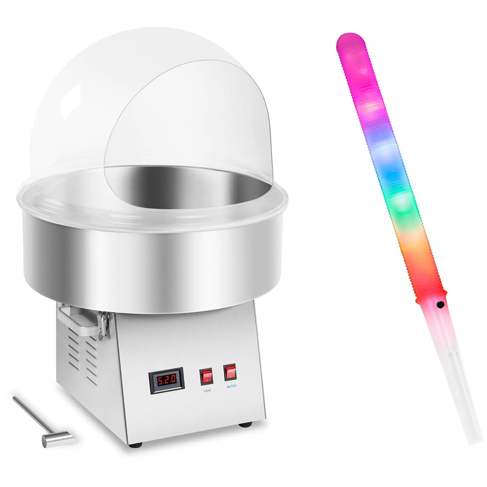 Zestaw Maszyna do waty cukrowej - 52 cm - LED + Pokrywa - akryl + Świecące pałeczki - LED - 50 szt.