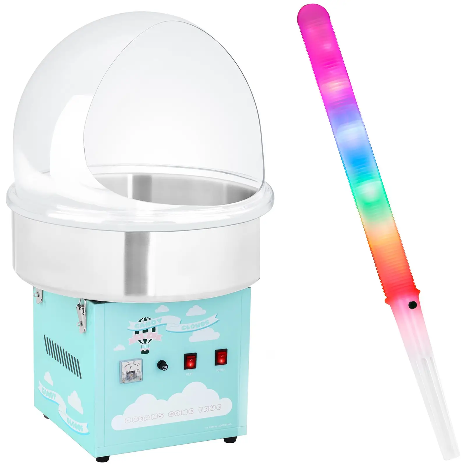 Candy Floss Machine Set with LED Cotton Candy Sticks - sneeze guard - 52 cm - 1,200 watts - turquoise