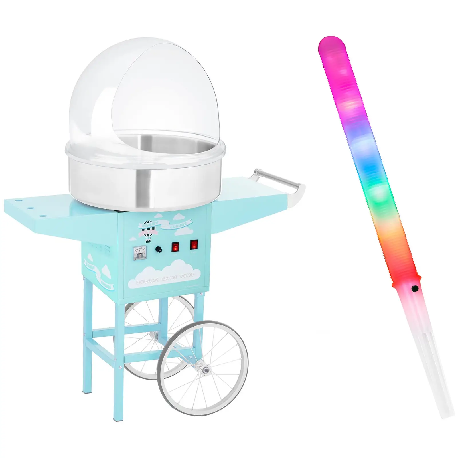 Candy Floss Machine Set with LED Cotton Candy Sticks - sneeze guard - cart - 52 cm - 1,200 watts - turquoise