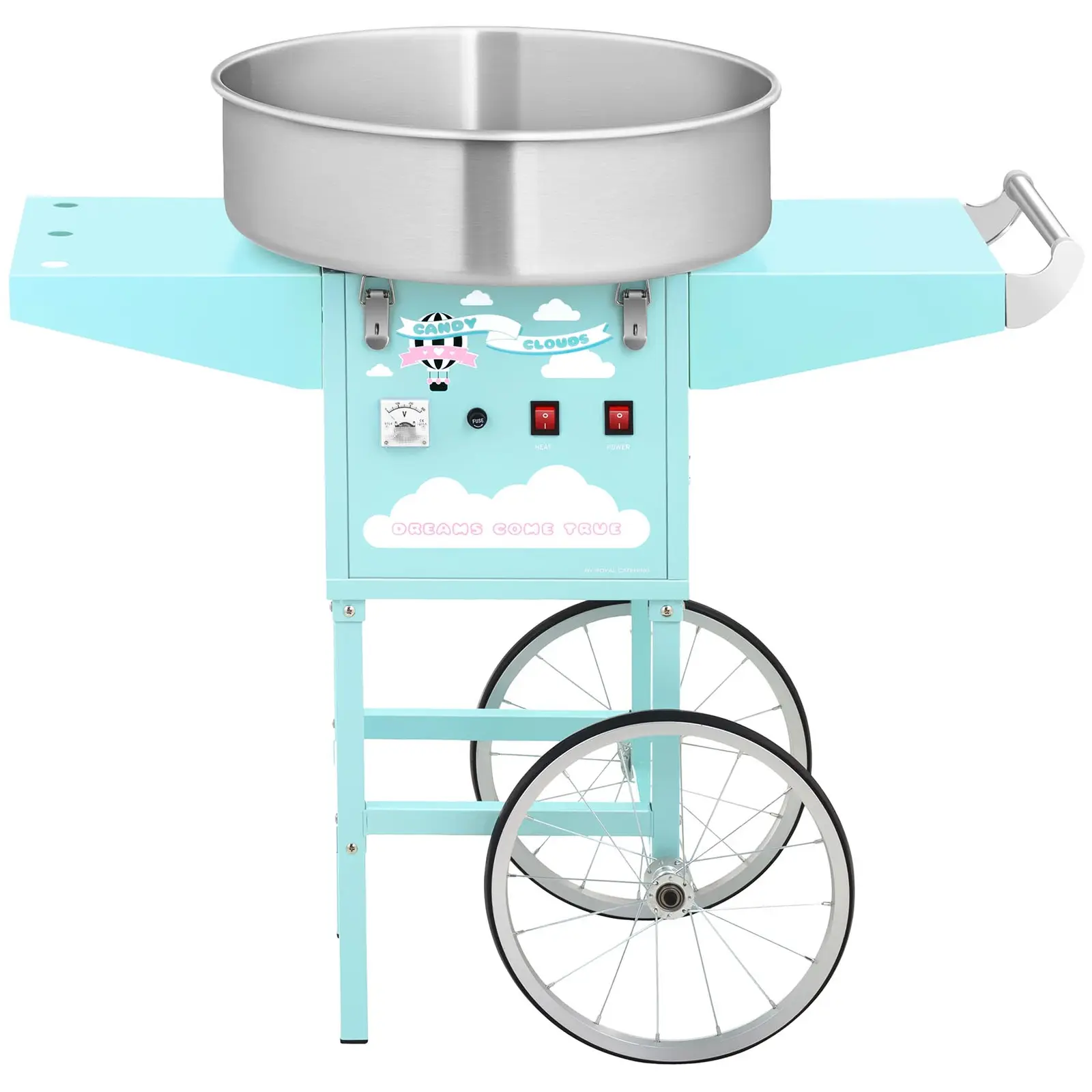 Candy Floss Machine Set with LED Cotton Candy Sticks - sneeze guard - cart - 52 cm - 1,200 watts - turquoise