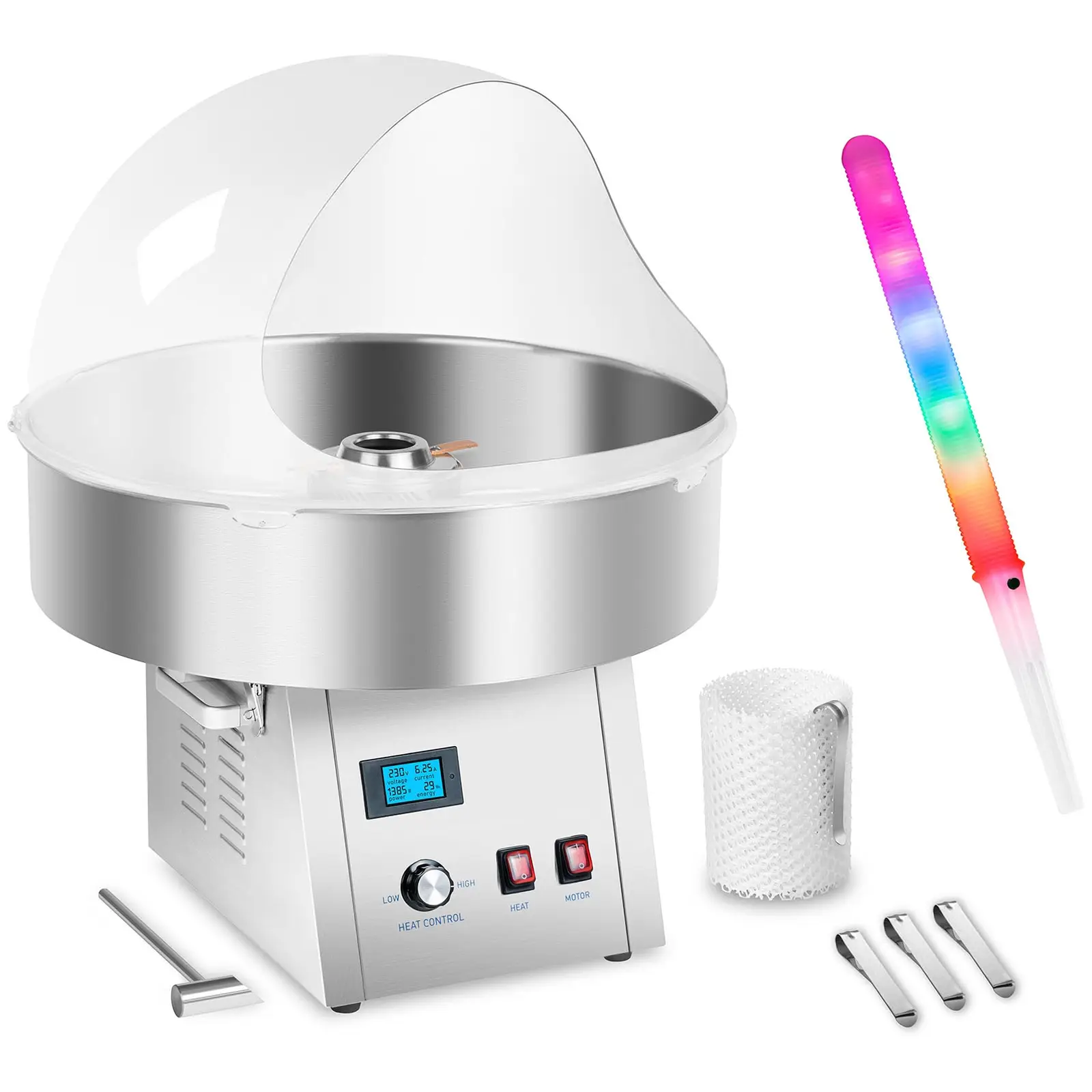 Zuckerwattemaschine mit Zuckerwattestäbchen - Spuckschutz - Fangnetz - 62 cm - 1.500 W