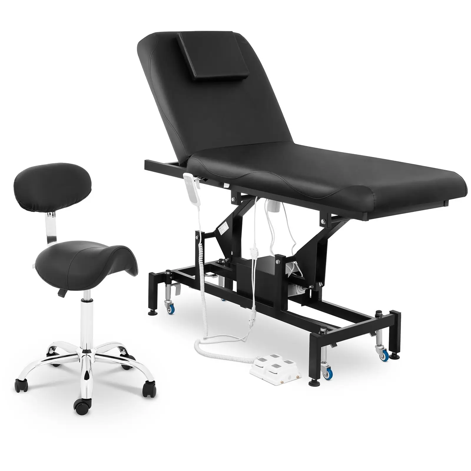 Elektrisk massagebänk Physa Lyon Black + svart sadelstol med ryggstöd Hamburg - Set