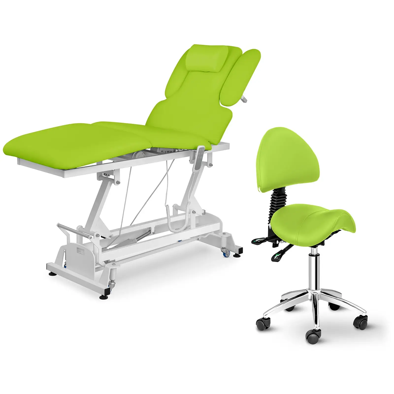 Elektrisk massagebänk Physa Nantes Light Green + sadelstol med ryggstöd Berlin - 3 motorer - Ljusgrön