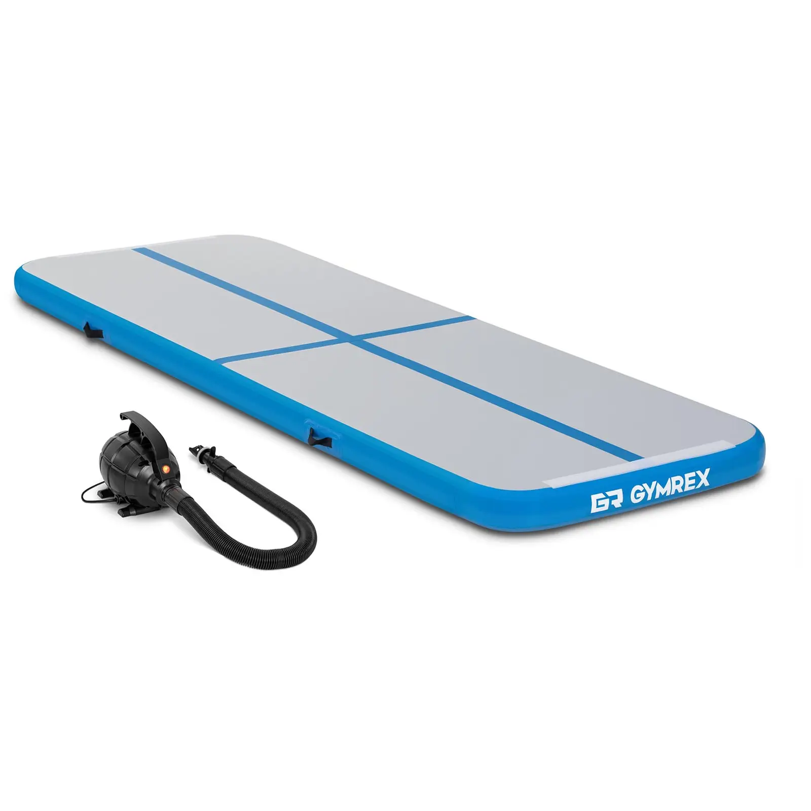 Set: Inflatable Gym Mat with Electric Air Pump - 300 x 100 x 10 cm - 150 kg - blue/grey