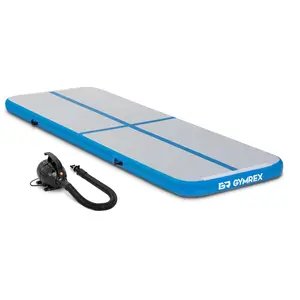 Sett: Oppblåsbar treningsmatte med elektrisk pumpe - 300 x 100 x 10 cm - 150 kg - blå/grå