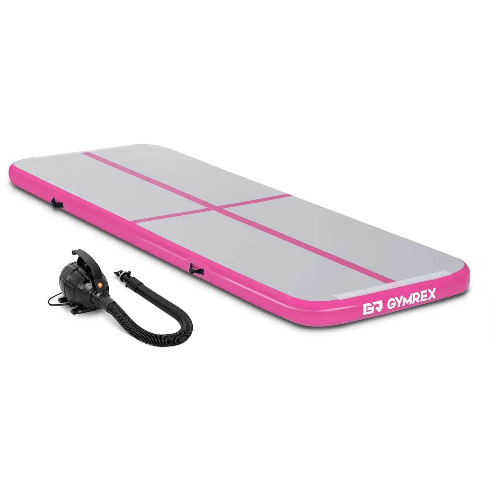 Sett: Oppblåsbar treningsmatte med elektrisk pumpe - 300 x 100 x 10 cm - 150 kg - rosa/grå