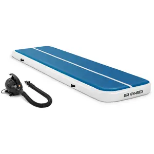 Set: Inflatable Gym Mat with Electric Air Pump - 400 x 100 x 20 cm - 200 kg - blue/white
