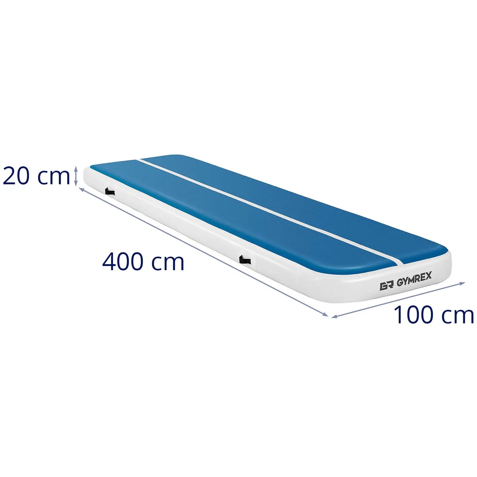 Sett: Oppblåsbar treningsmatte med elektrisk pumpe - 400 x 100 x 20 cm - 200 kg - blå/hvit