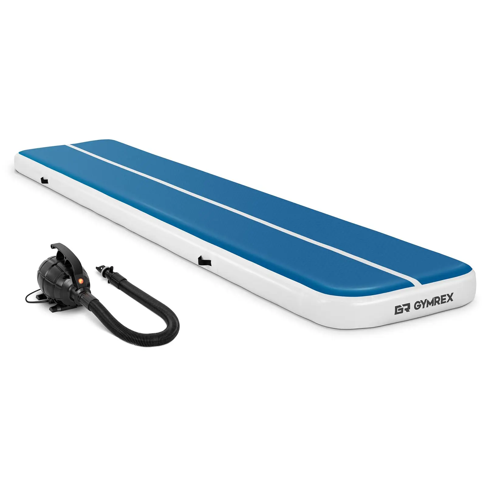 Sett: Oppblåsbar treningsmatte med elektrisk pumpe - 500 x 100 x 20 cm - 250 kg - blå/hvit