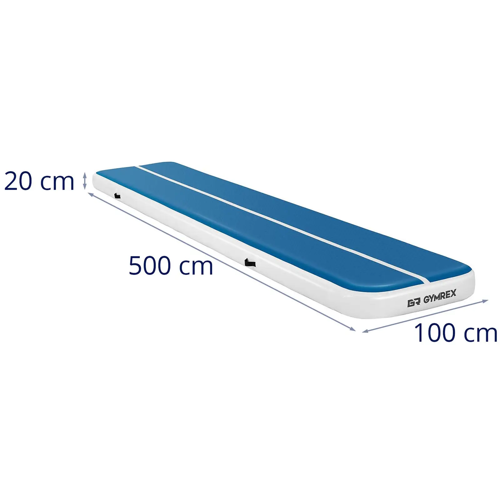 Sett: Oppblåsbar treningsmatte med elektrisk pumpe - 500 x 100 x 20 cm - 250 kg - blå/hvit