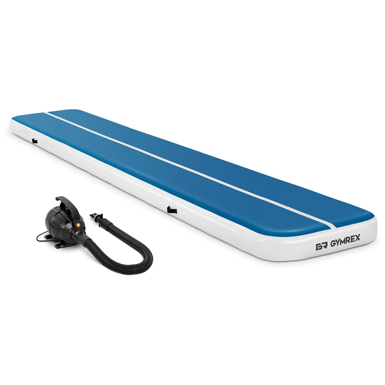 Sett: Oppblåsbar treningsmatte med elektrisk pumpe - 600 x 100 x 20 cm - 300 kg - blå/hvit