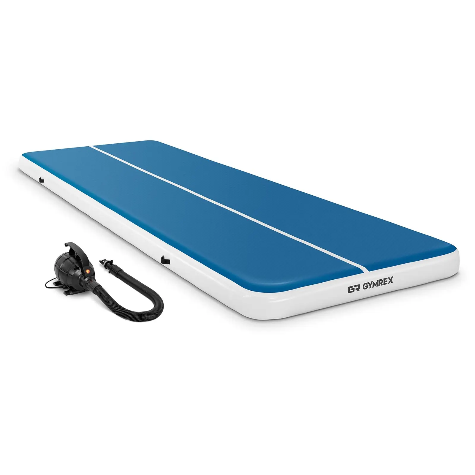 Set: Inflatable Gym Mat with Electric Air Pump - 600 x 200 x 20 cm - 400 kg - blue/white