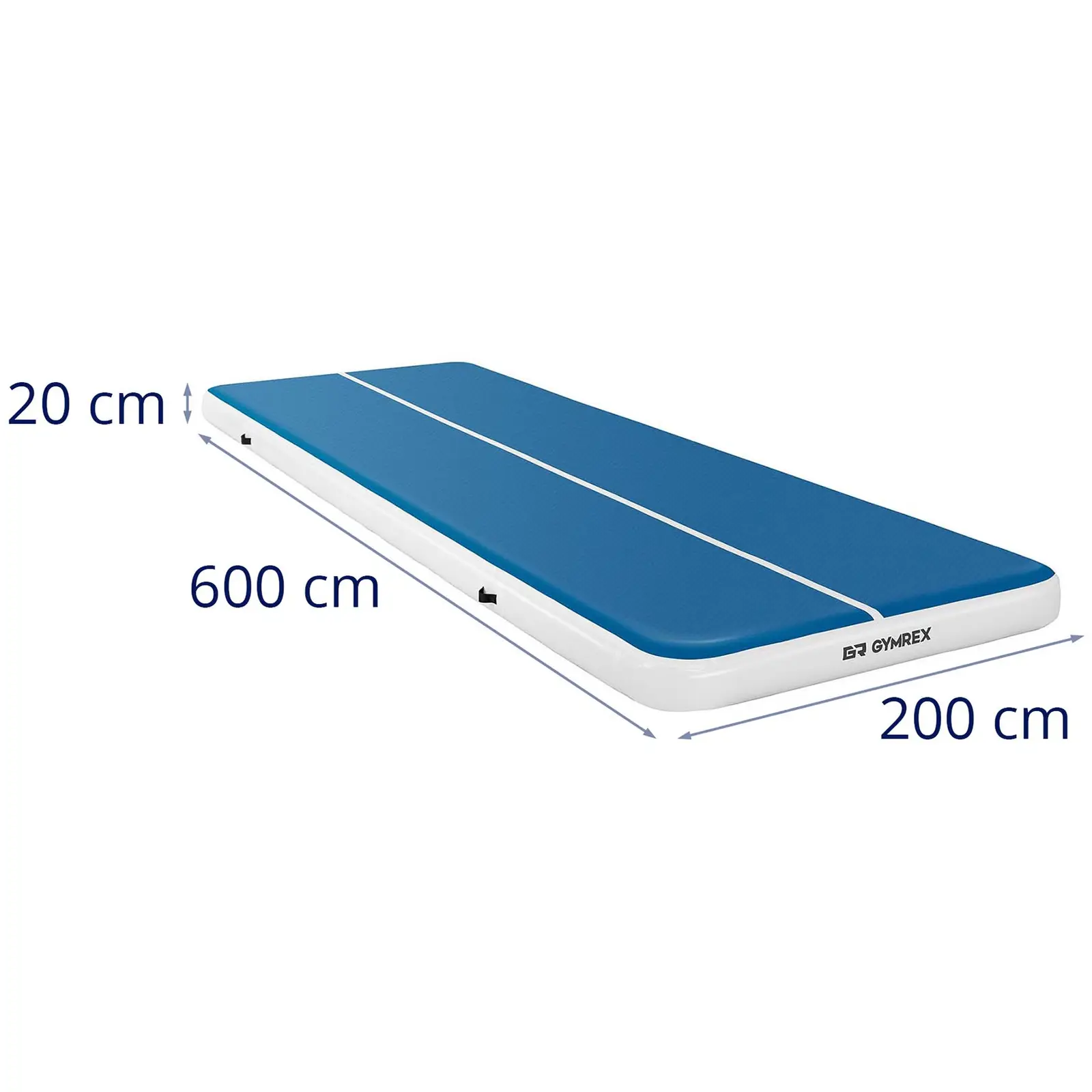 Sett: Oppblåsbar treningsmatte med elektrisk pumpe - 600 x 200 x 20 cm -400 kg - blå/hvit