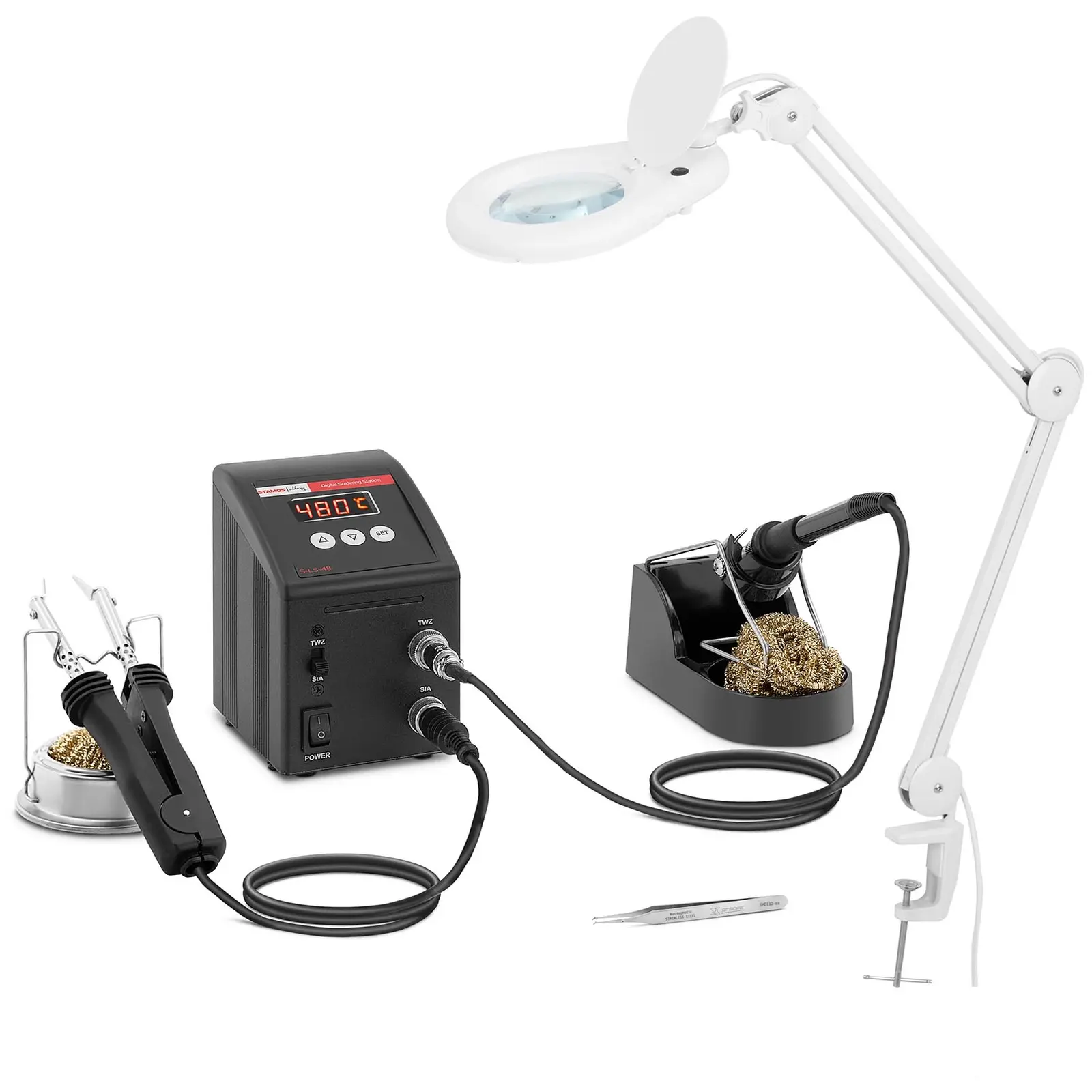 Pájecí stanice a lampa s lupou sada SMD digitální 80 W LED - Stamos Soldering