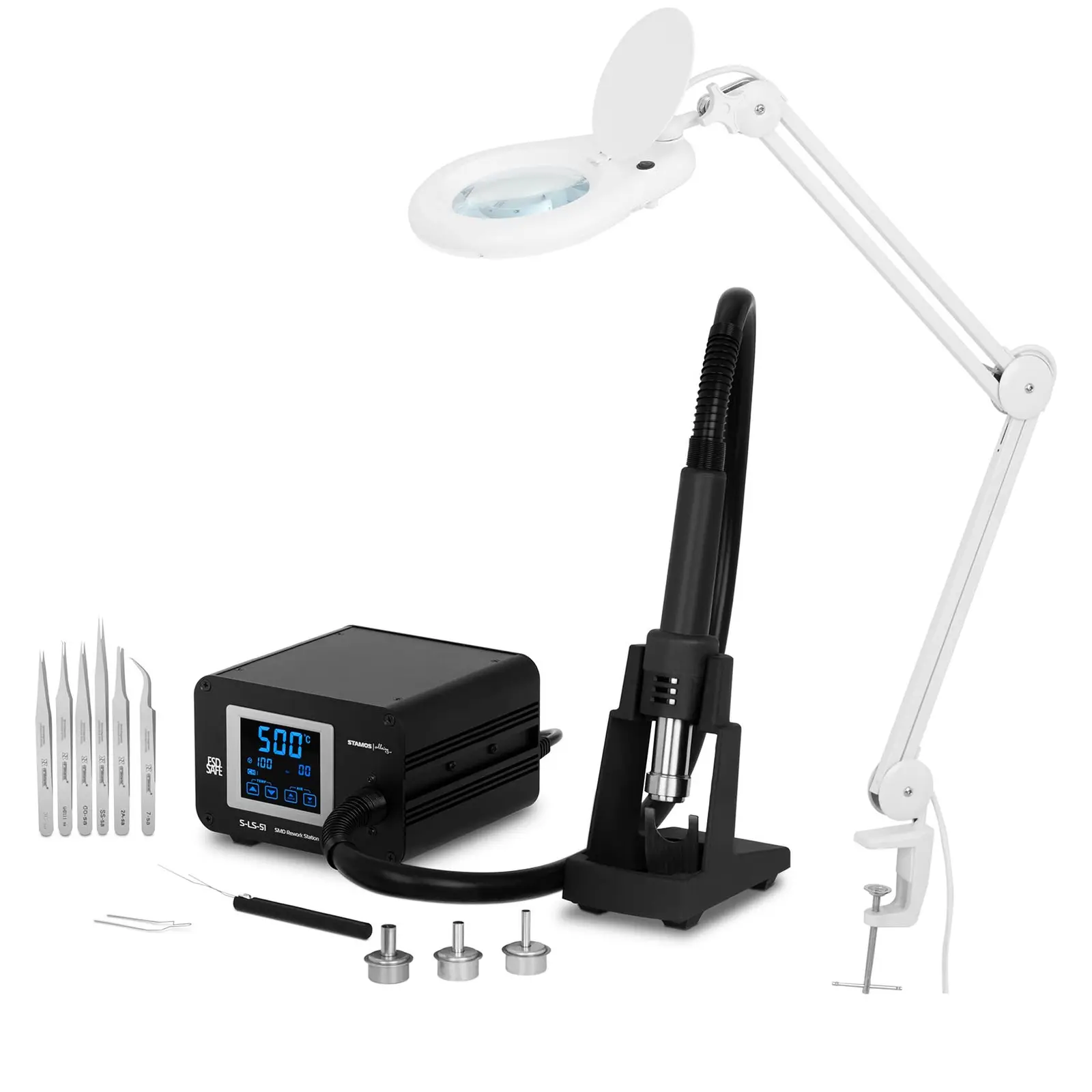 Digital Soldering Station Set with Hot Air Gun and Magnifying Lamp - 1,300 W - LCD touch