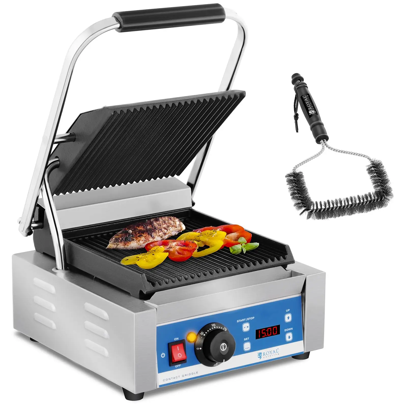 Kontakt grill és grillkefe készlet - 1.800 W - bordázott - időzítő