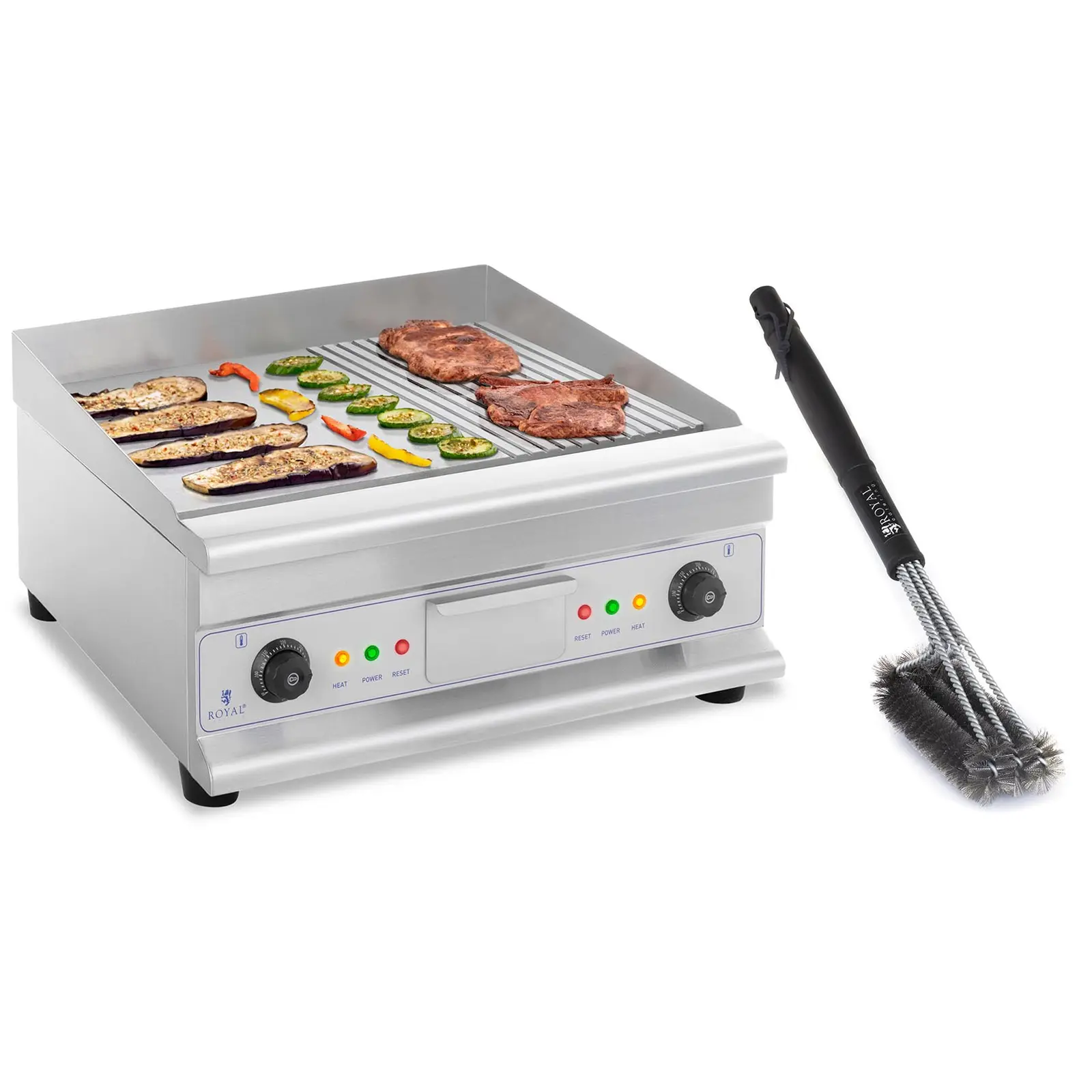 Dobbel elektrisk flatgrill - sett med 3-delt grillbørste - 60 cm - glatt/riflet - stål - 2 x 3,200 W