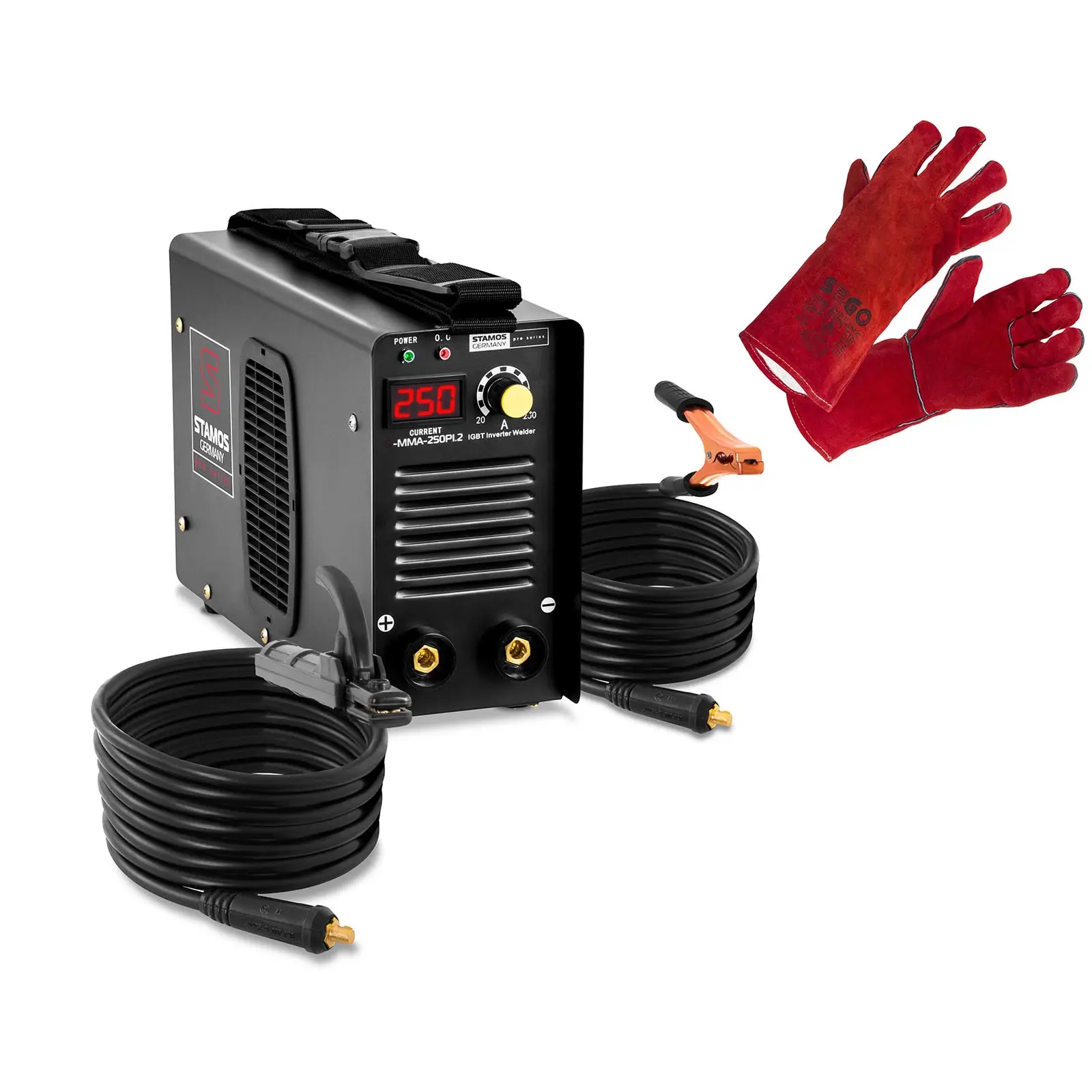 Set: Electrode Welding Machine with Welding Gloves - 250 A - 8 m cable - hot start