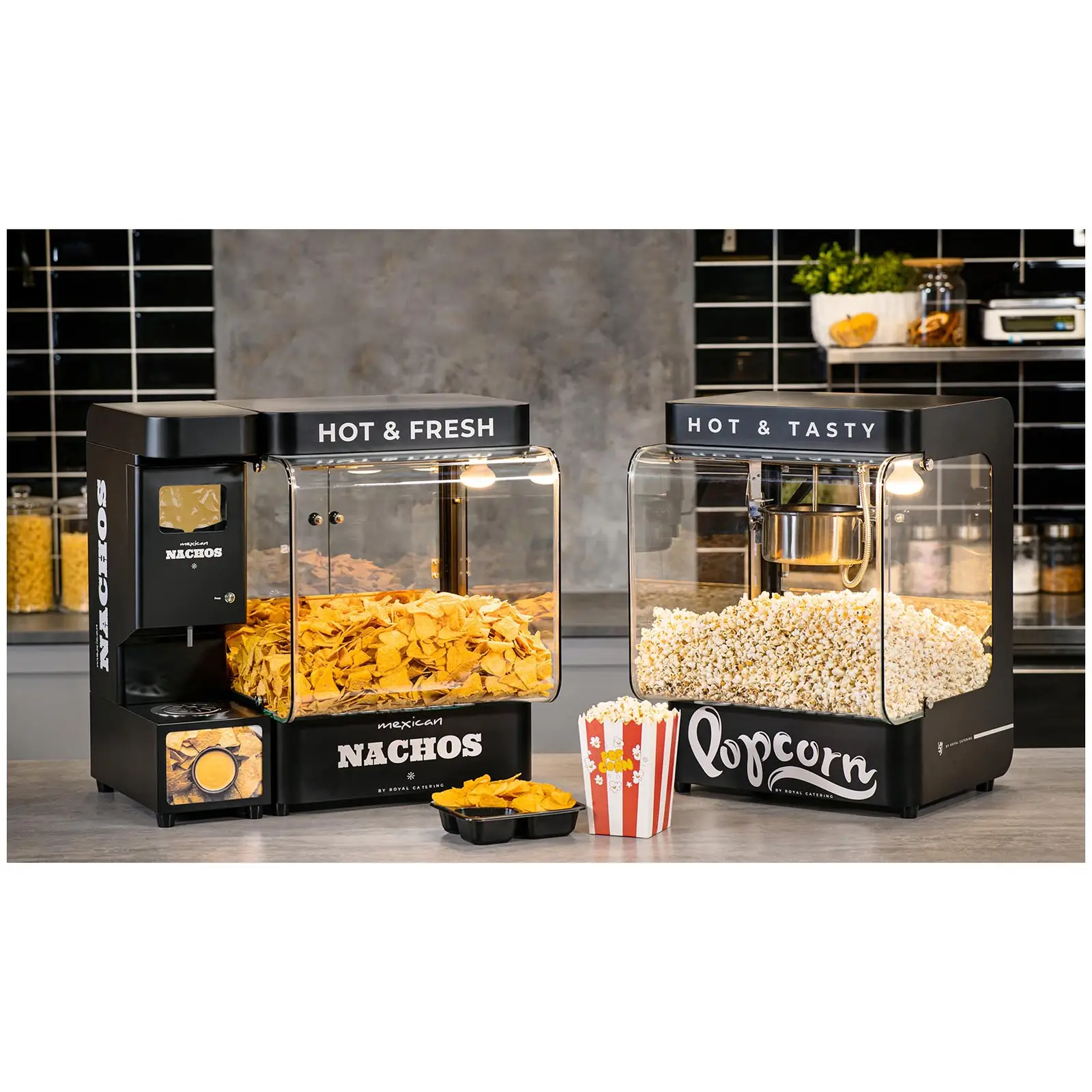 Popcornovač a ohřívač nachos - 99 l - 4–5 kg/h kg/h - Royal Catering (Zásuvka na drobky: Ano)