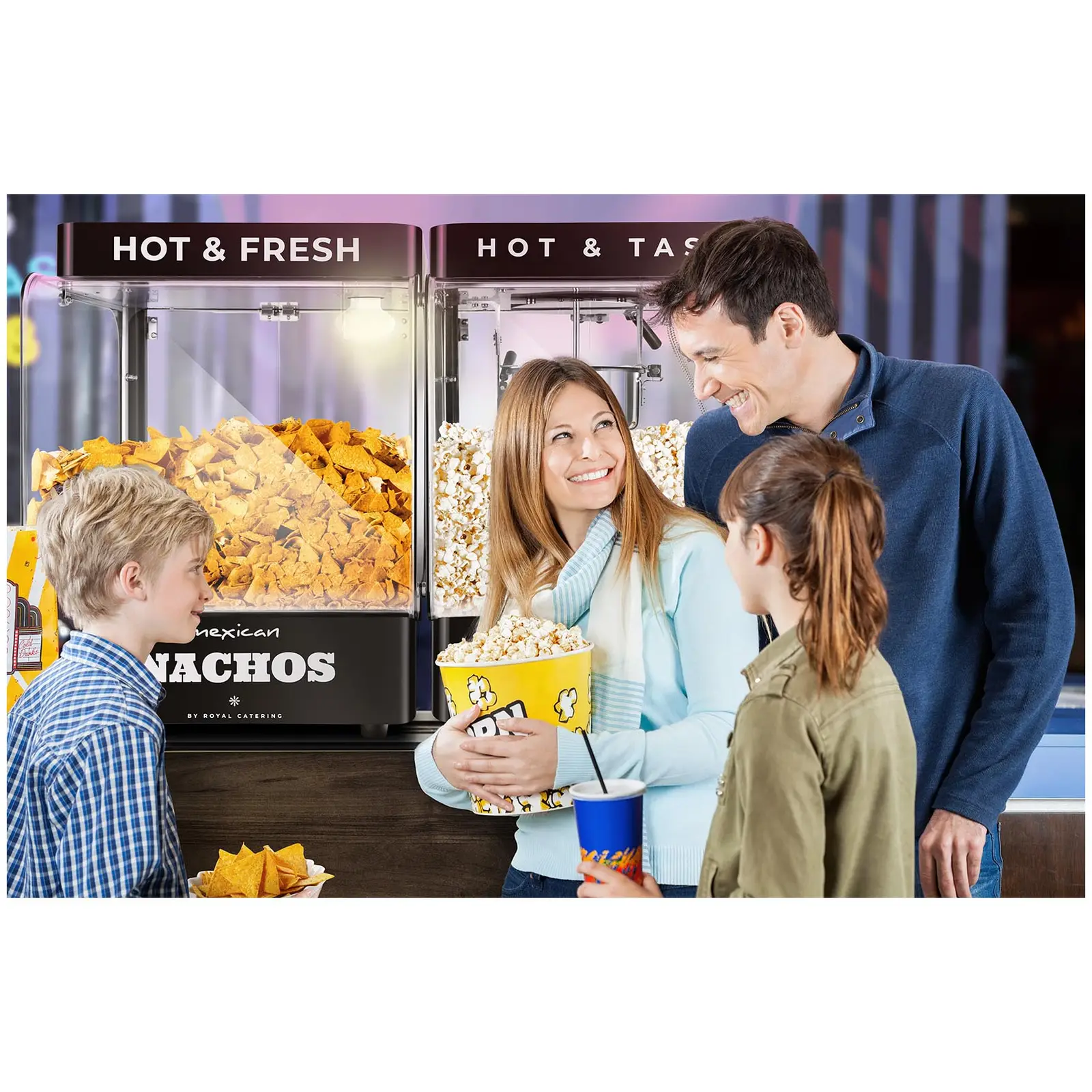 Popcornovač a ohřívač nachos - 99 l - 4–5 kg/h kg/h - Royal Catering (Vyhřívané skladování: Ano)