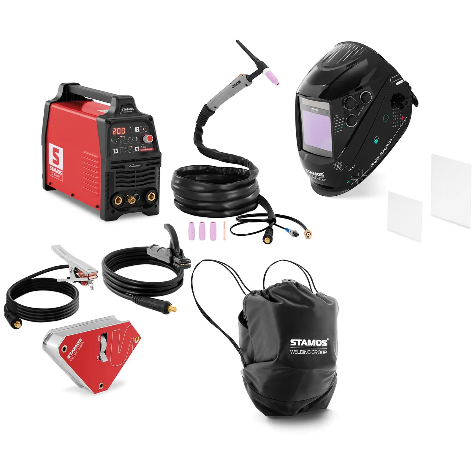 Welding set - TIG welder - 200 A - pulse - digital - welding helmet Colour Glass Y-100 - welding angle - switch - 45/90° - 55 kg