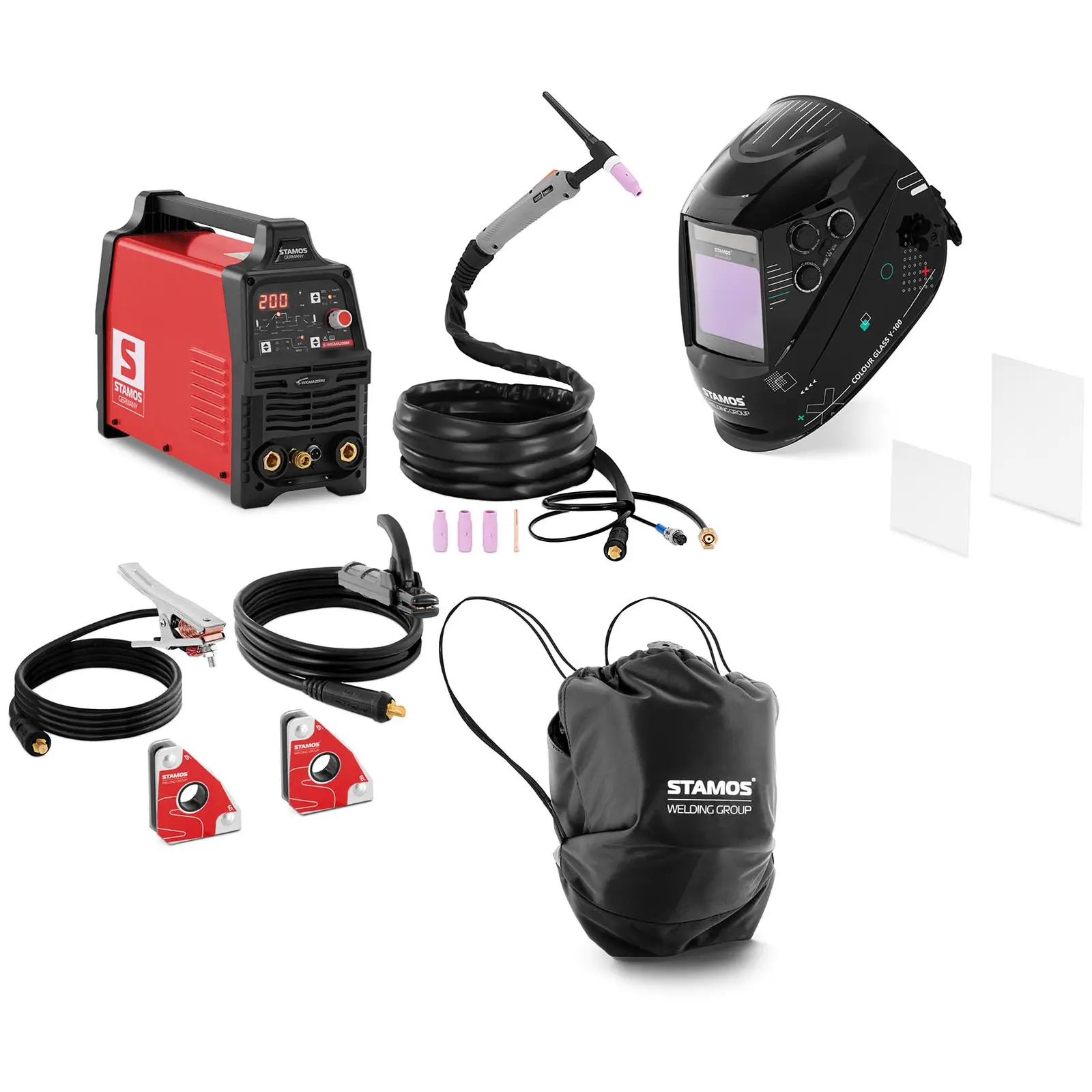 Welding set - TIG welder - 200 A - pulse - digital - welding helmet Colour Glass Y-100 - 2 welding angles - 30/45/60/90° - 15 kg