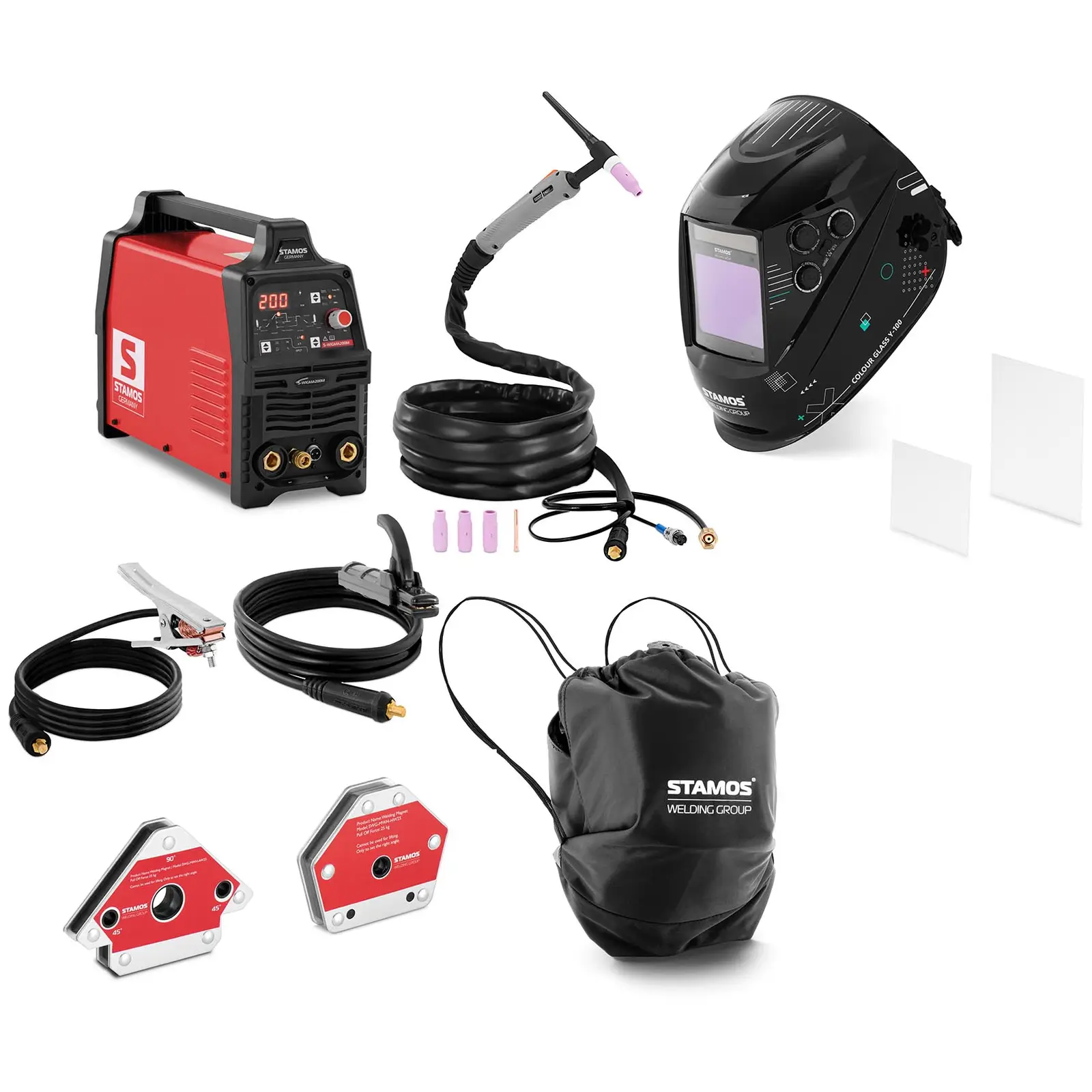 Welding set - TIG welder - 200 A - pulse - digital - welding helmet Colour Glass Y-100 - 2 welding angles - 30/45/60/75/90/105/135° - 25 kg