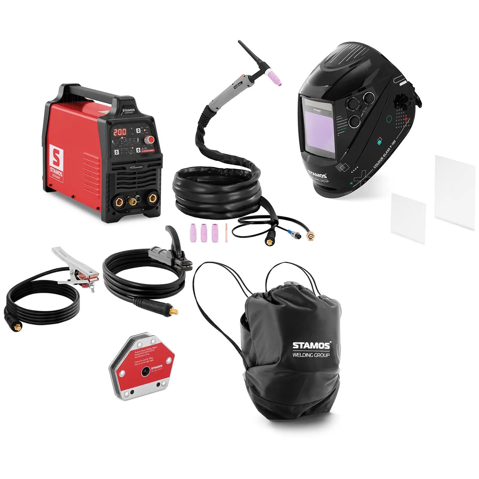 Welding set - TIG welder - 200 A - pulse - digital - welding helmet Colour Glass Y-100 - welding angle - 30/45/60/75/90/105° - 50 kg