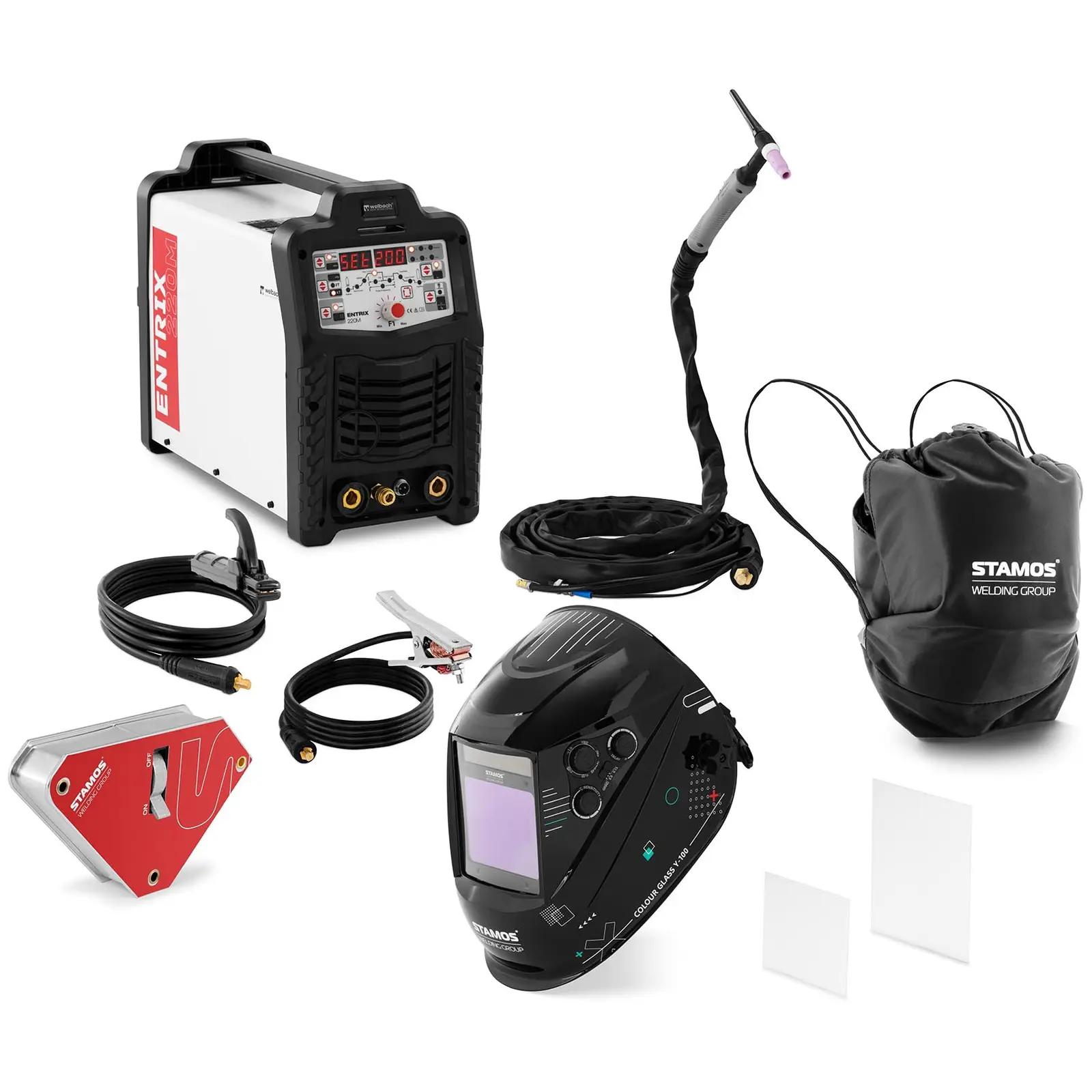 Welding set ALU welder - 200 A - Duty Cycle 80 % - Welding helmet Colour Glass Y-100 - Welding magnet 45/90° - 55 kg