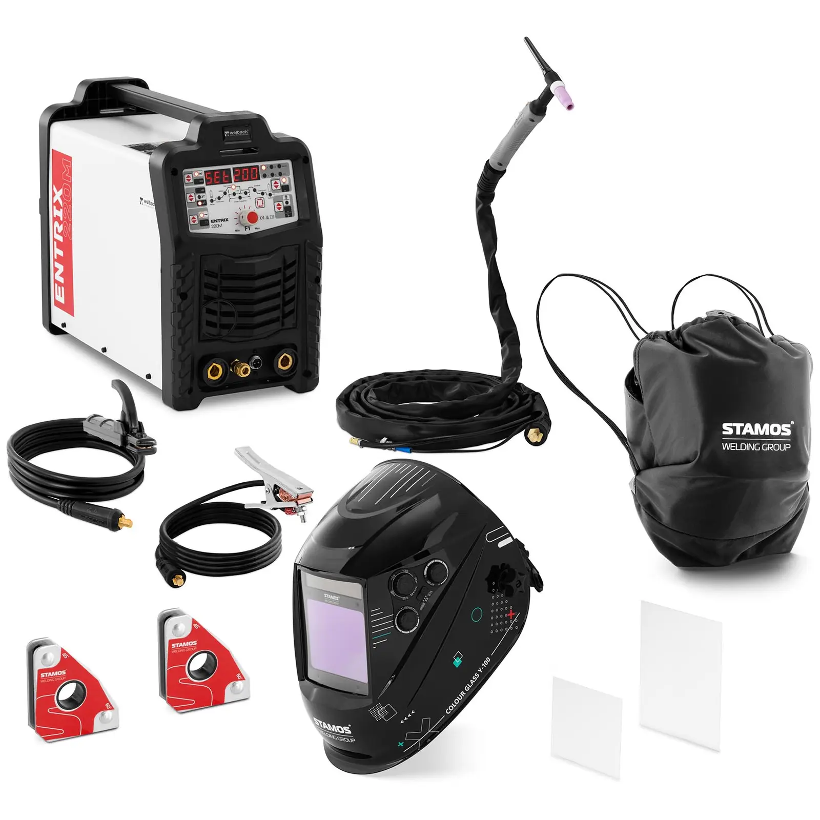 Kit de soldadura - Soldador TIG AC/DC para alumínio - 200 A - ciclo de trabalho 80% - Máscara de soldadura Color Glass Y-100 - 2 ângulos de soldadura - 30/45/60/90° - 15 kg.