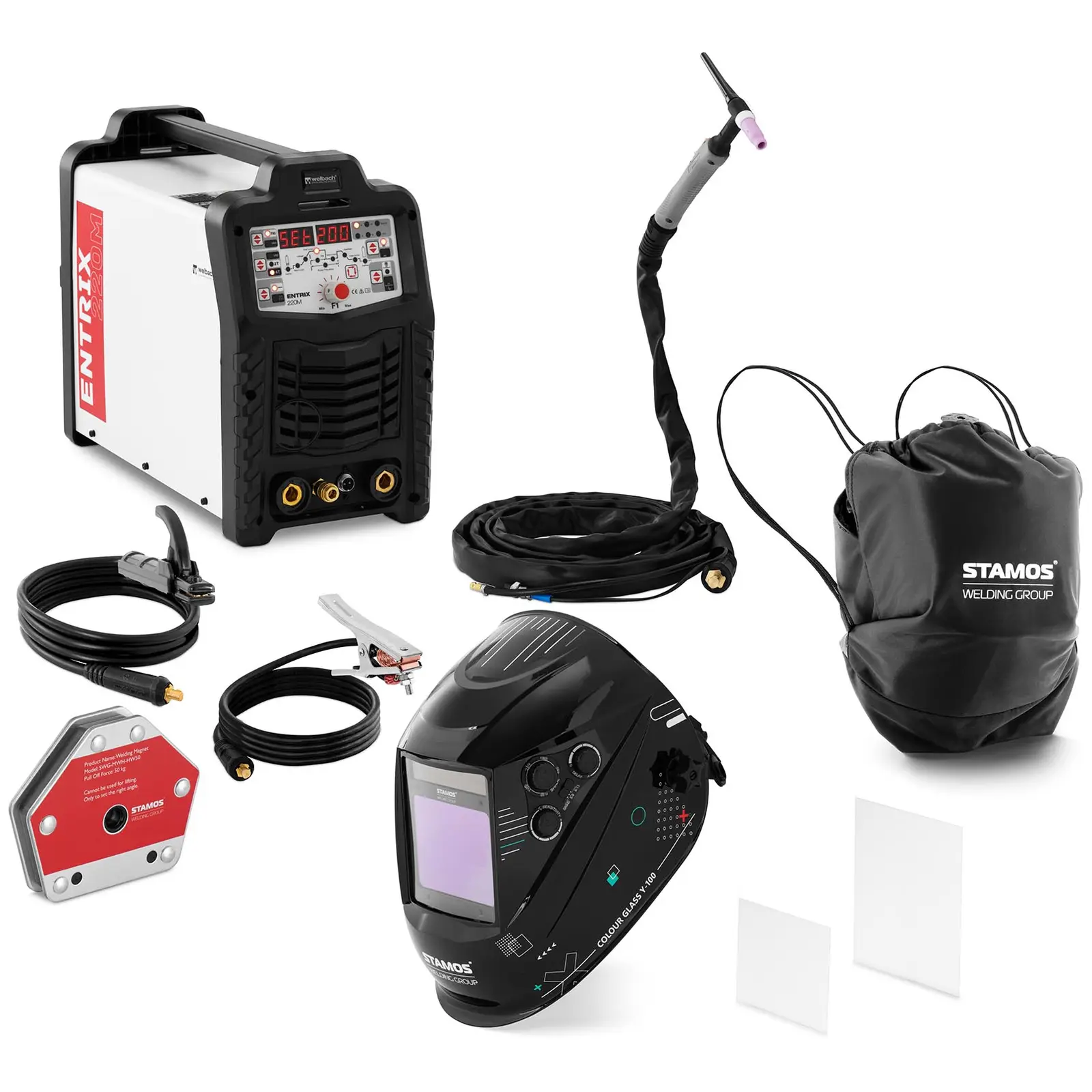 Welding set ALU welder - 200 A - Duty Cycle 80 % - Welding helmet Colour Glass Y-100 - Welding magnet 30/45/60/75/90/105° - 50 kg