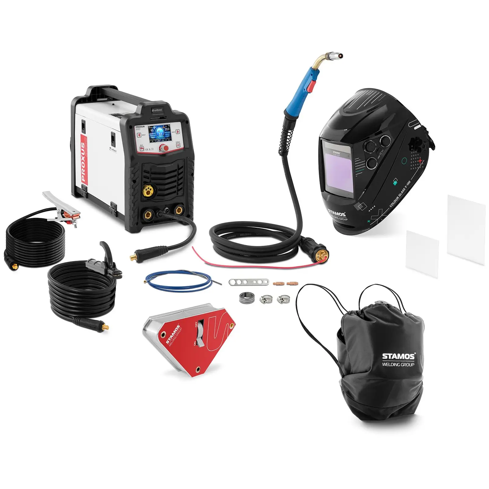 MIG/MAG welder - 200 A - Duty Cycle 80 % - Welding helmet Colour Glass Y-100 - Welding magnet 45/90° - 55 kg