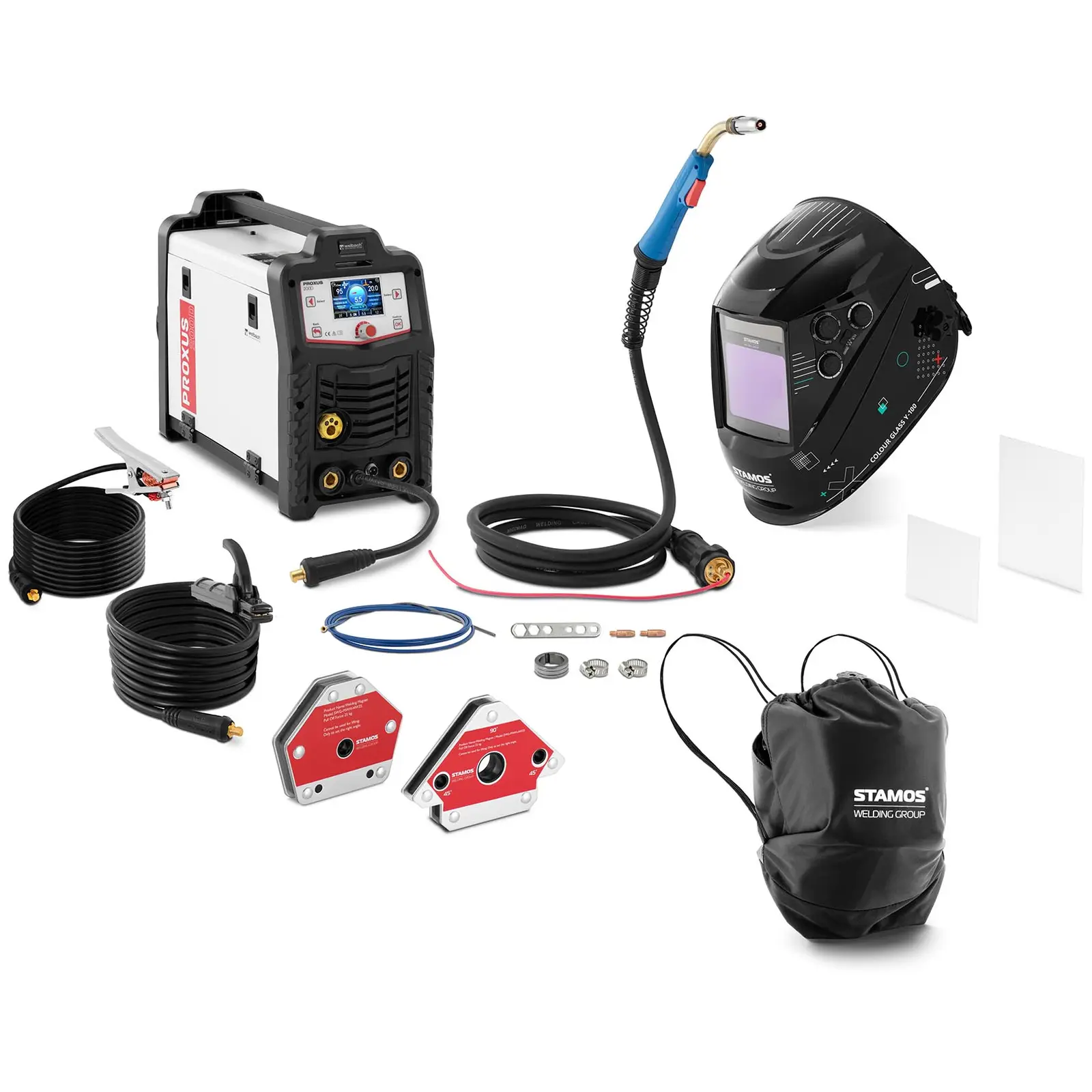 MIG/MAG welder - 200 A - Duty Cycle 80 % - Welding helmet Colour Glass Y-100 - 2 welding magnets 30/45/60/75/90/105/135° - 25 kg