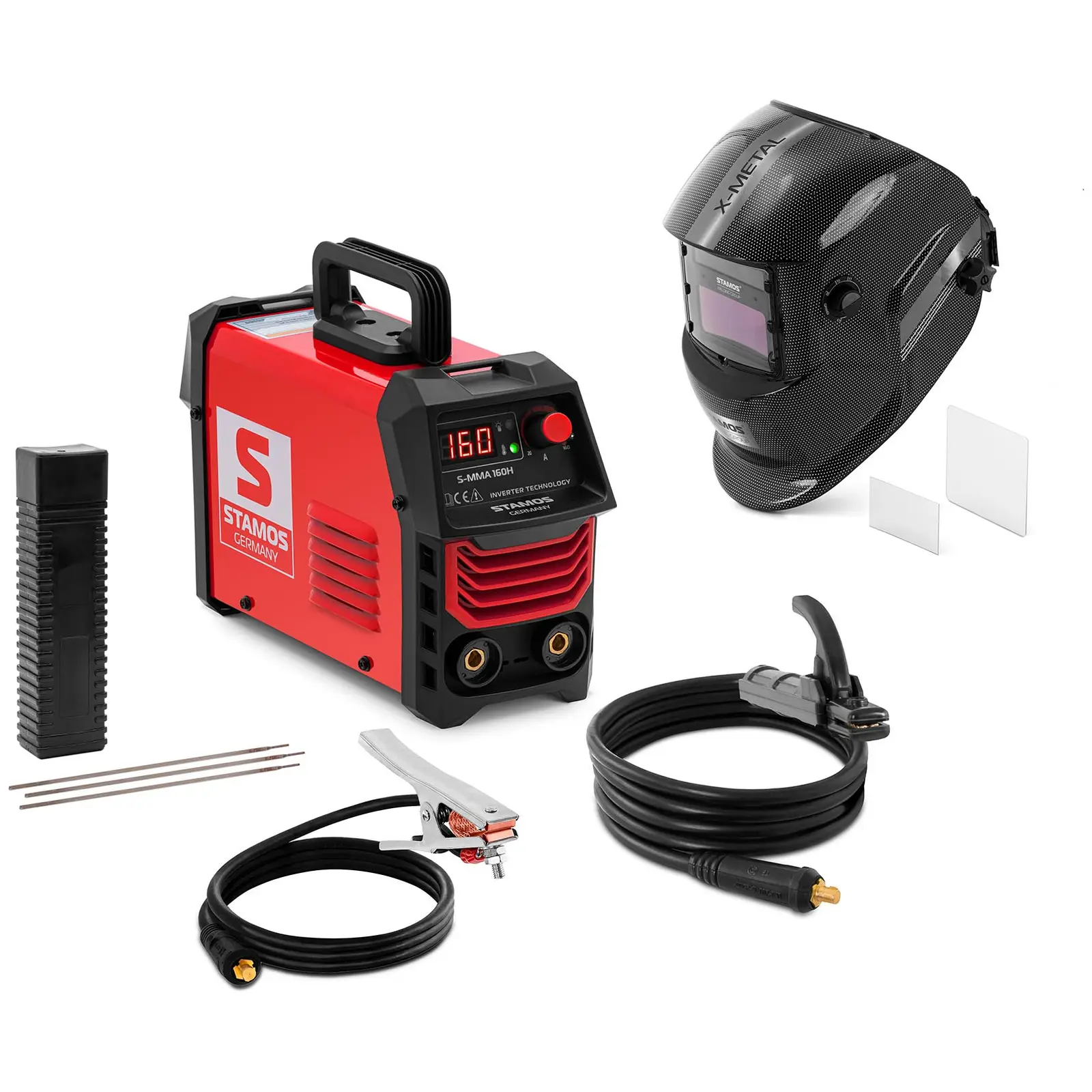 MMA Welding Set - Electrode welder - 160 A - welding helmet X-metal - stick electrode basic Ø 2.5 x 350 mm - 5 kg