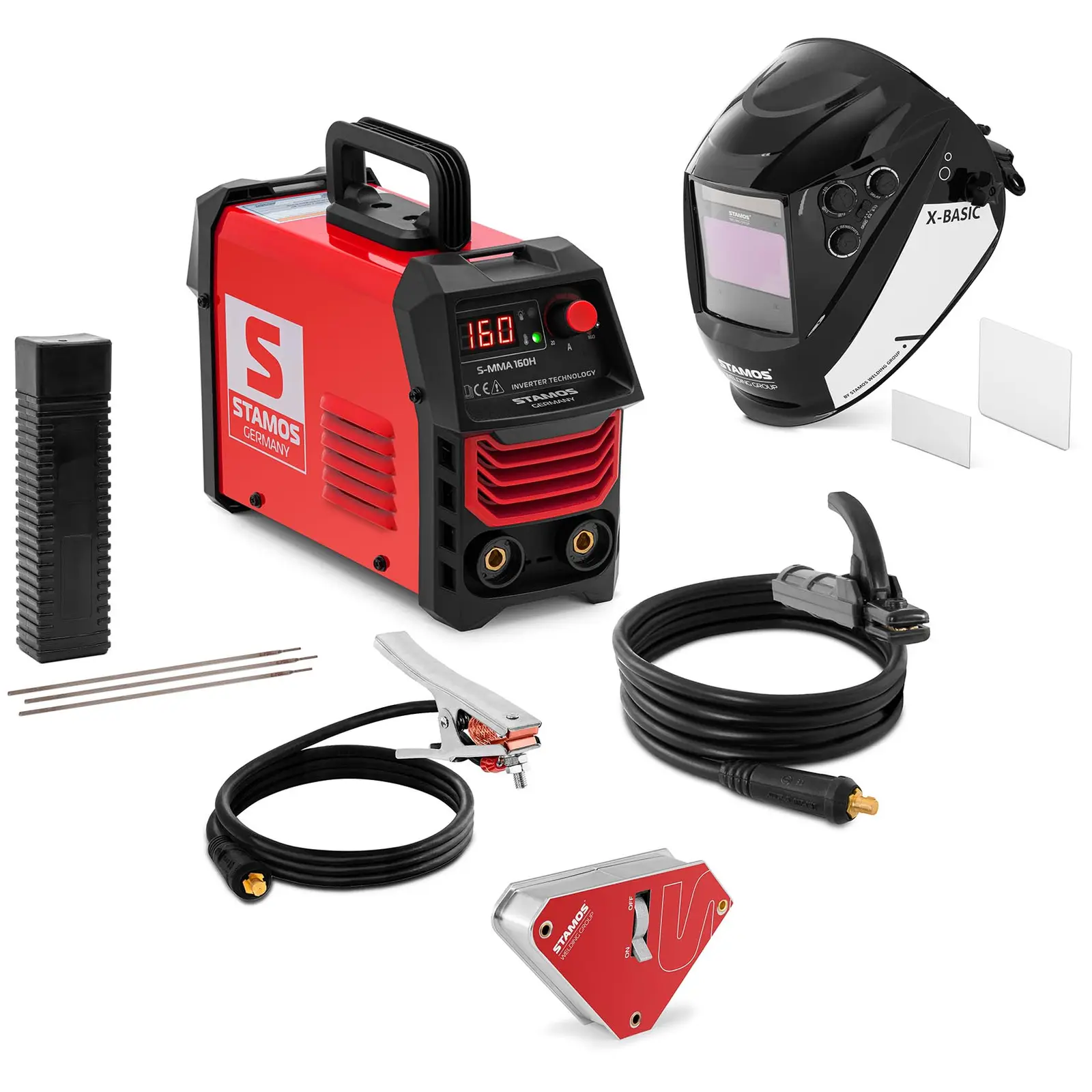 Welding set - Electrode welder - 160 A - welding helmet X-Basic - stick electrode Ø 2.5 x 350 mm 5 kg - welding angle 45/90° 55 kg