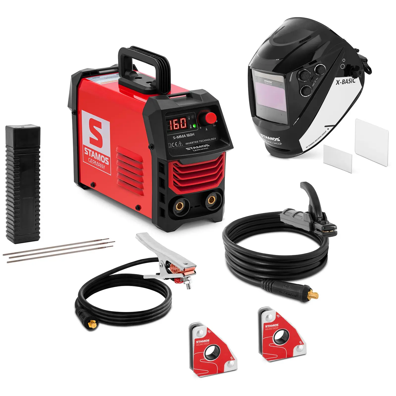 Welding set - Electrode welder - 160 A - welding helmet X-Basic - stick electrode Ø 2.5 x 350 mm 5 kg - 2 welding angles 30/45/60/90° - 15 kg