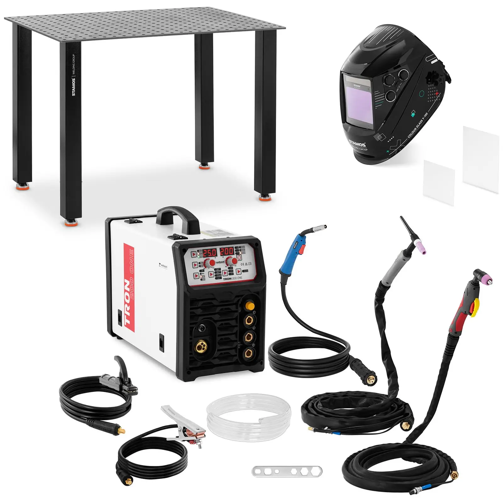 Welding set - Combination welder - 200 A - Duty Cycle 60 % - Welding helmet Colour Glass Y-100 - Welding table 150 kg