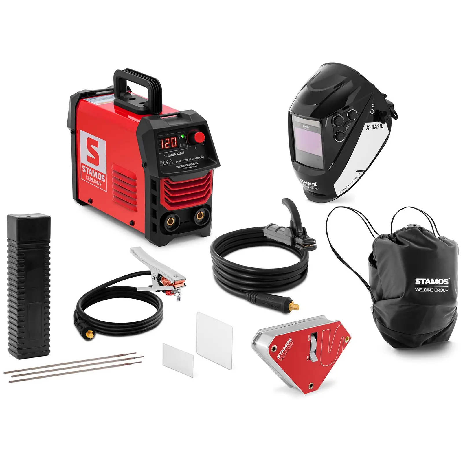 Kit de soldadura - soldador MMA - {{max_welding_current_44_temp}} A - máscara de soldadura X-Basic - eléctrodos de soldadura para aço - Ø2,5 x 350 mm - 5 kg - bisel de soldadura - 45/90° - 55 kg.