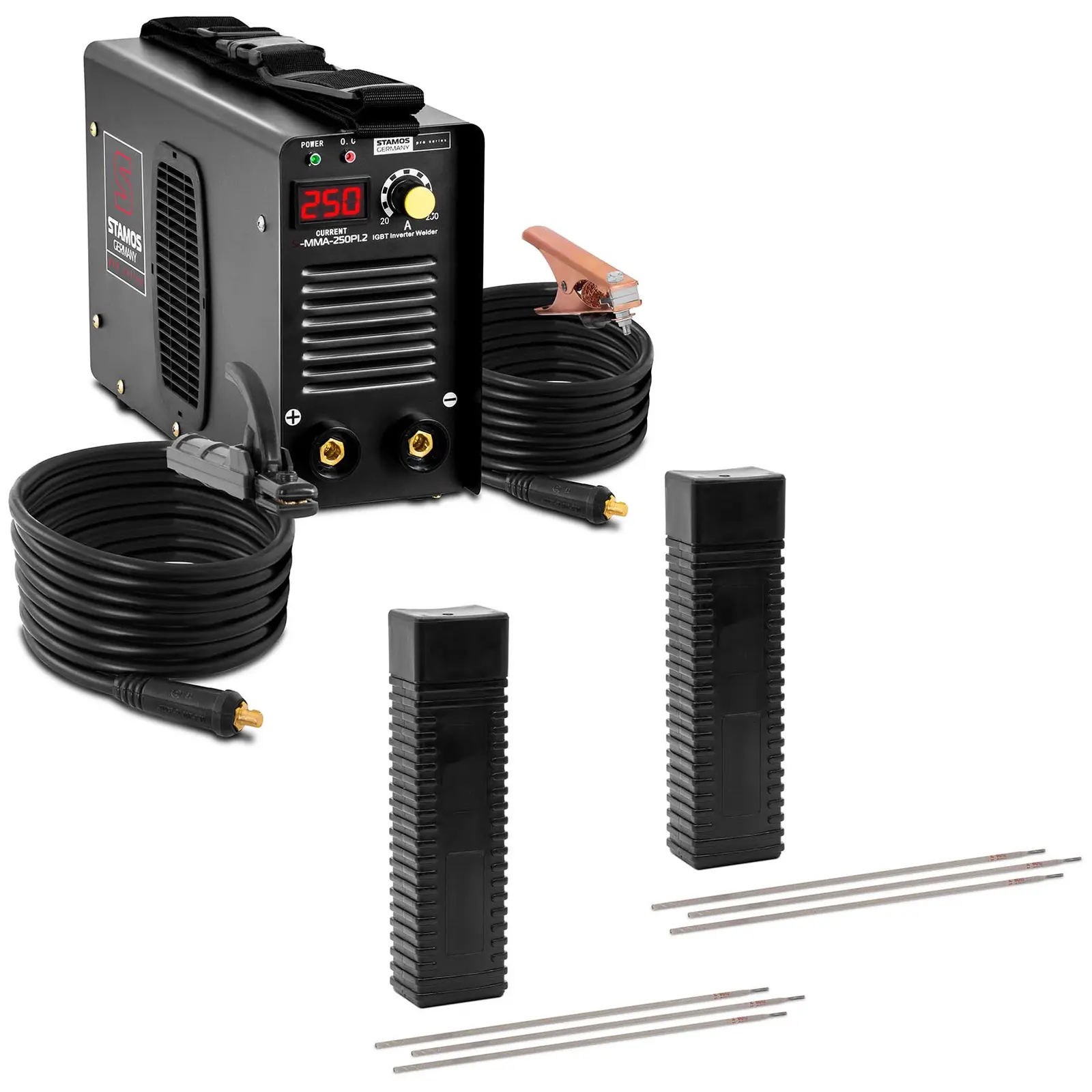 Svejsesæt elektrodesvejser - 250 A - 8 m kabel - svejseelektroder E6013 rutil-cellulose - 3,2 x 350 mm - 2 x 5 kg