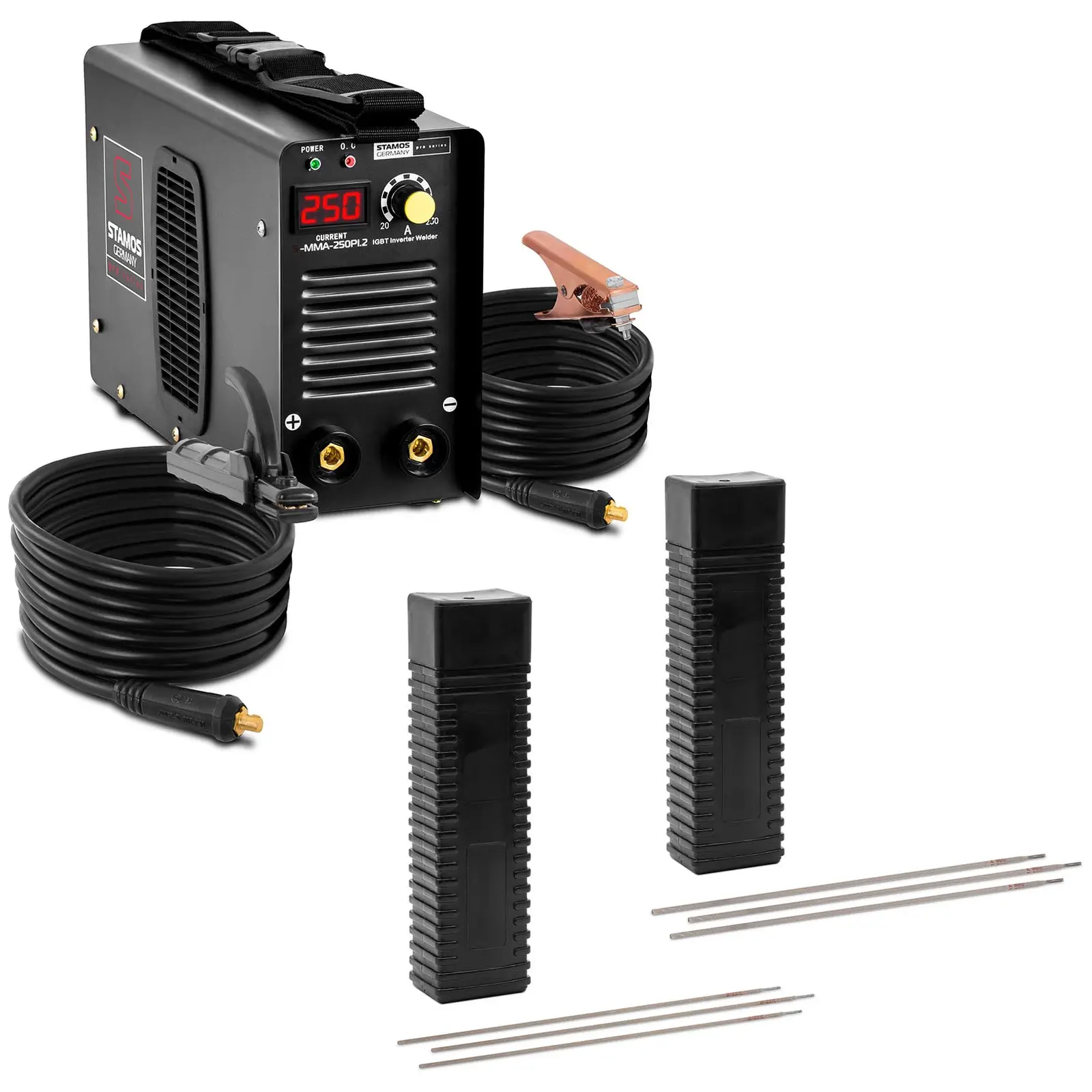 Svejsesæt elektrodesvejser 250 A - 8 m Kabel - svejseelektroder E6013 - 2,5 x 350 mm - 5 kg og E6013 - 3,2 x 350 mm - 5 kg